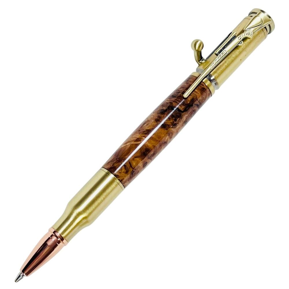 Bolt Action Ball Point Pen Rifle Handmade Brass Gold Brown Swirl Acrylic Resin